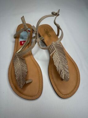 Carlos by Carlos Santana Metallic Rose Gold Feather T-Strap Sandals